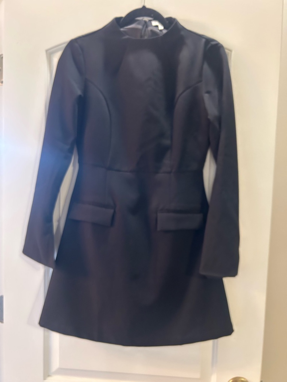 Black Long-Sleeve Mini Dress with Flap Pockets